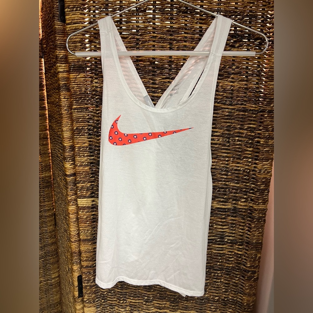 Nike-Dri-Fit, X back w/ back‎ slit-Running, White w/ pattern swoosh logo